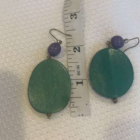 Wooden Green and Purple Hook Drop Statement Earrings - Picture 4 of 4